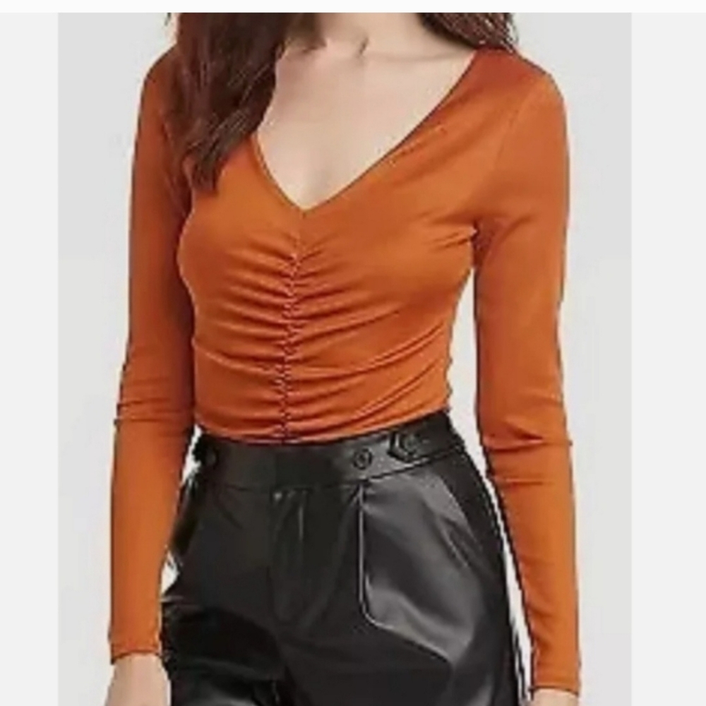 A New Day Orange Ruched Long Sleeve Bodysuit Women's Sm NWT